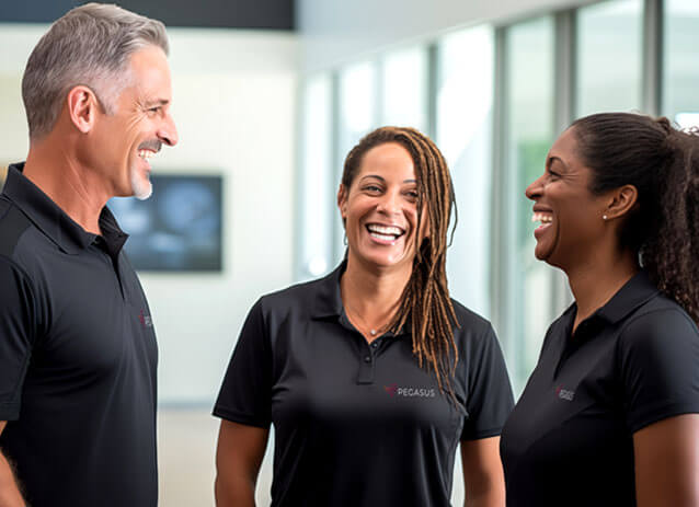 1 man and 2 women chatting and smiling with dark gray polo shirts with the Pegasus logo on them in a brightly lit clean office space