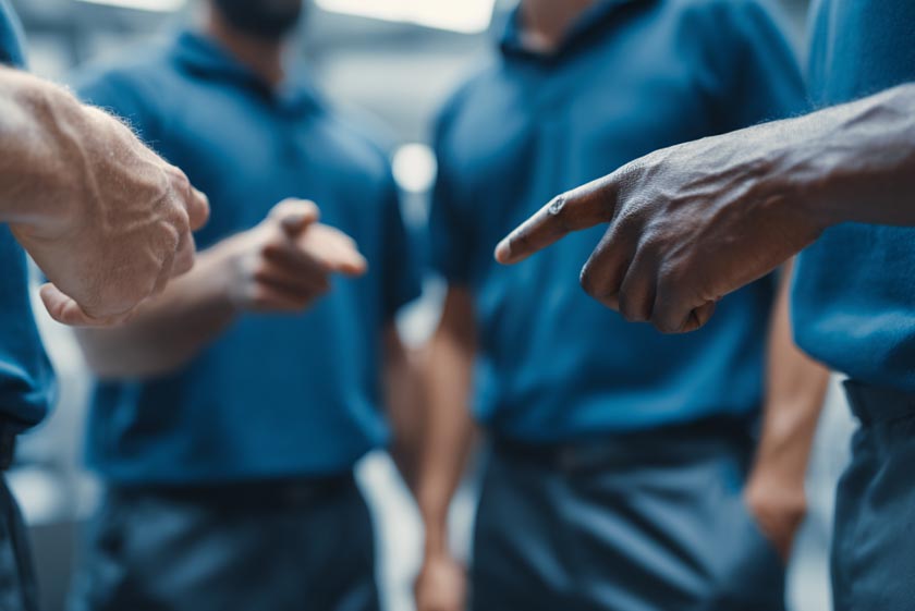 pegasus-lack-of-ownership-02 a small group of janitors standing close together pointing fingers at each other in a circle, symbolizing lack of ownership and accountability