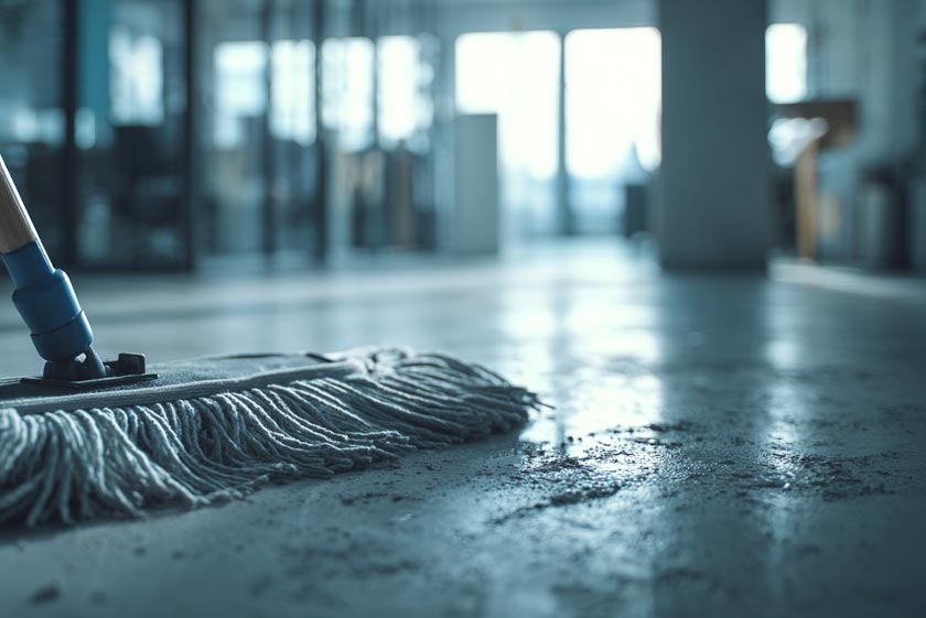 pegasus-turnover-poor-training-02 close-up of a tired cleaner pushing a mop over an dirty office floor, dirt scattered all over the floor, the mop leaving streaks of dirt instead of cleaning, symbolizing poor training and high turnover in facility maintenance
